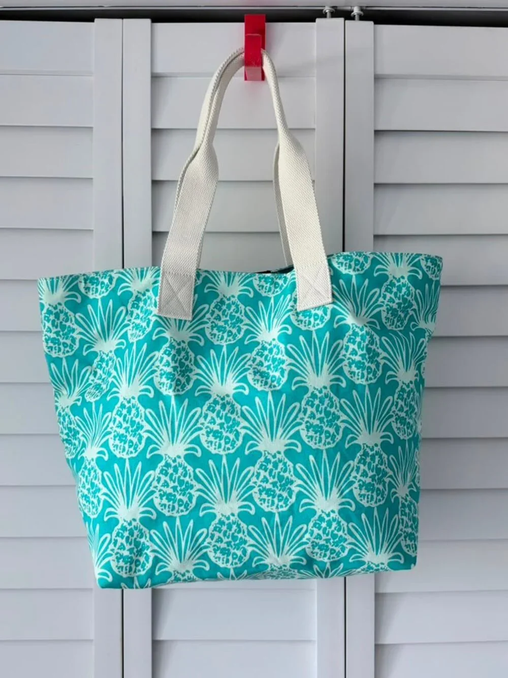 Bahama Hand Prints Pineapple Beach Tote Bag Aqua Canvas Large Shoulder Tote
